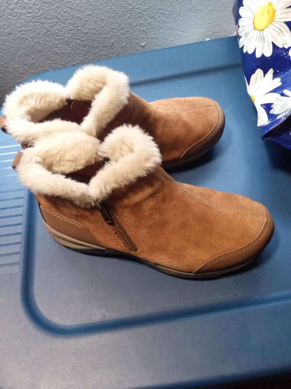 Women's Suede Ankle Booties with Faux Fur Trim - Tan